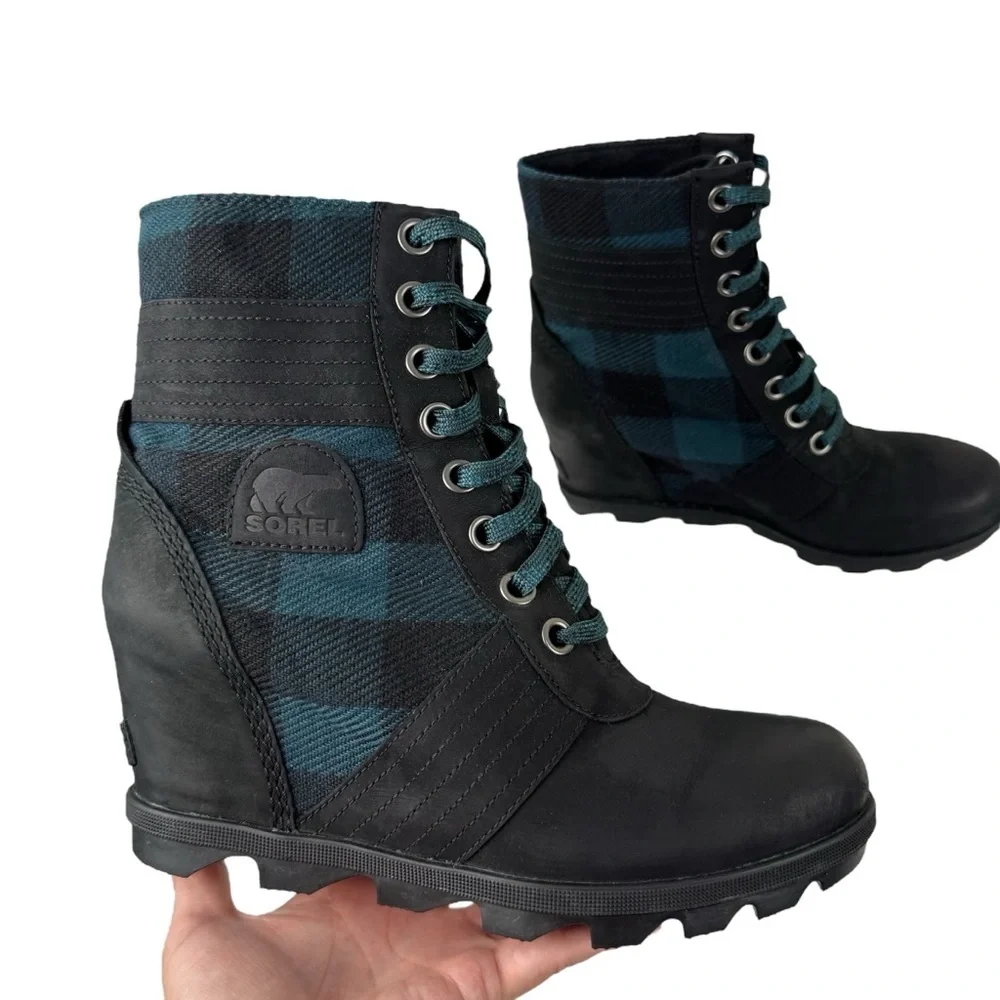 Sorel Lexie Wedge Lace Up Ankle Boots Leather Black Blue Plaid Size 10